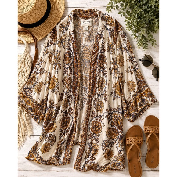 Billabong Sweaters - Billabong Boho Paisley Kimono Cardigan Womens Small Open Front  Festival Duster